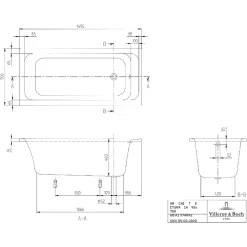 Villeroy & Boch Baignoire droite Architectura acrylique 150 x 70 cm + Pare bain droite AURYS Raywall chromé