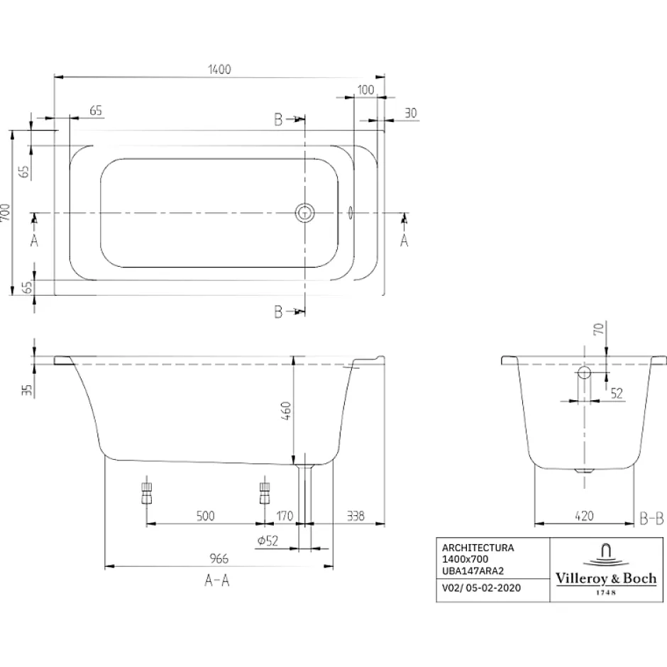 Villeroy & Boch Baignoire droite Architectura acrylique 140 x 70 cm + Pare bain droite AURYS Raywall Noir mat* Baignoire Droite