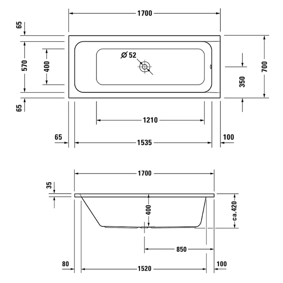 Duravit Baignoire droite 170x70 D-Code bonde au centre* Baignoire Droite