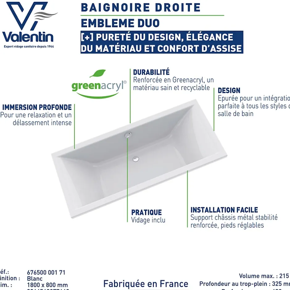 Valentin Baignoire Embleme Duo 180 x 80 cm sans tablier
