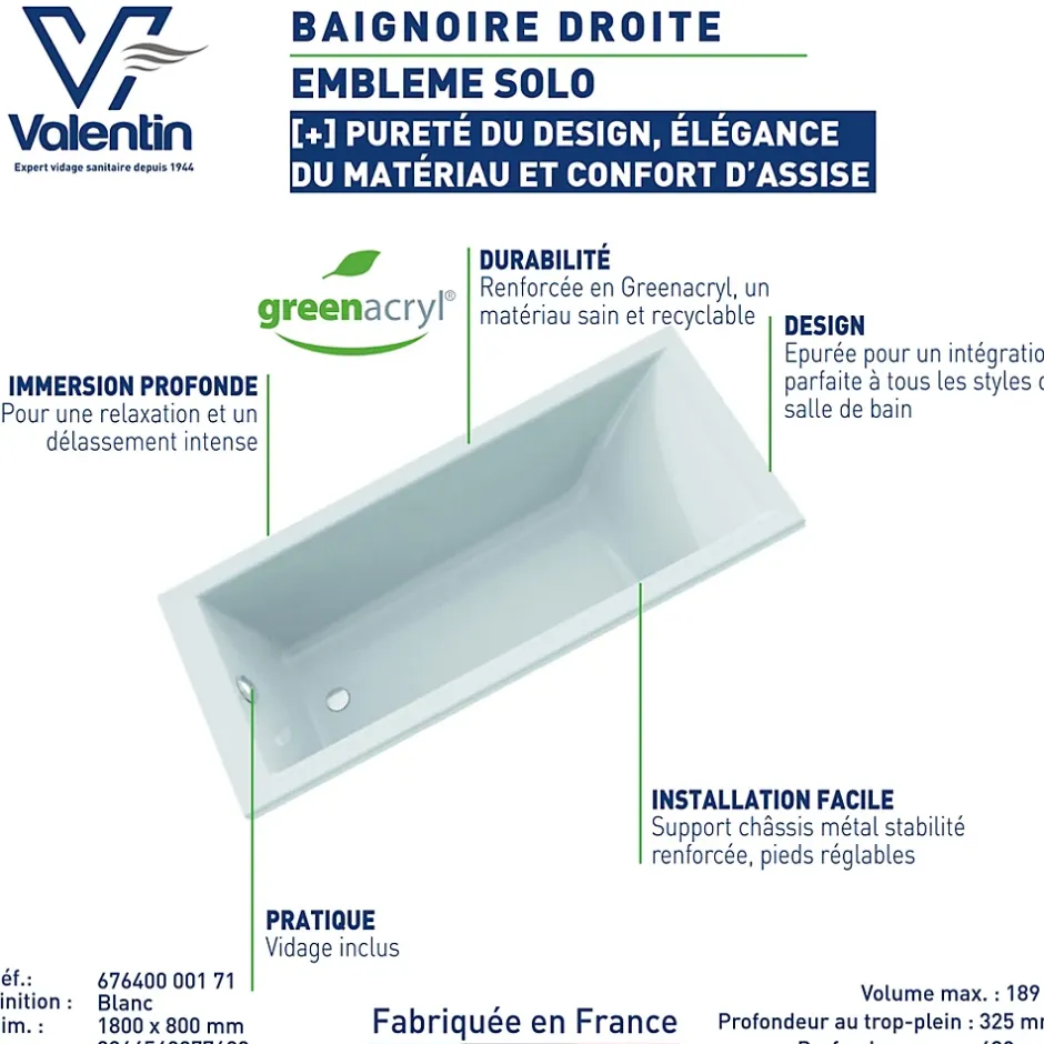 Valentin Baignoire Embleme solo 170 x 75 cm sans tablier* Baignoire Droite