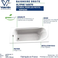 Valentin Baignoire Glyphe L.160 x l.70 cm sans tablier* Baignoire Droite