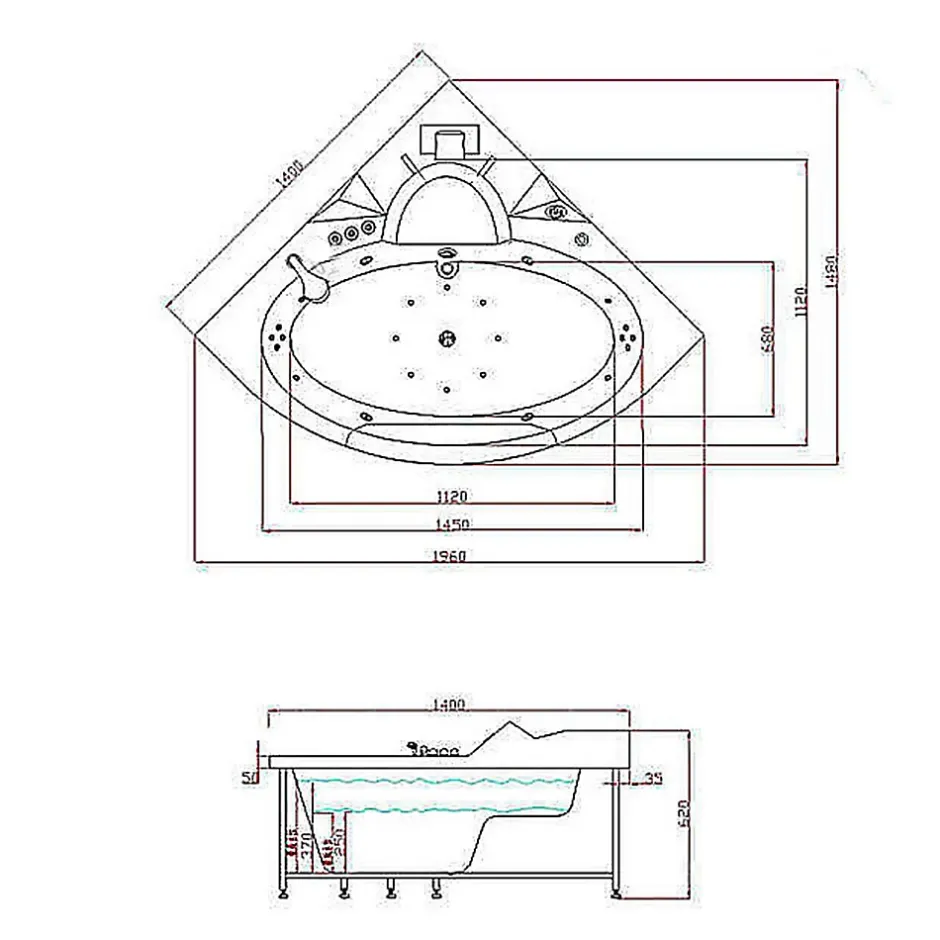 Eliteshopping Baignoire Hydromassage Chromotherapie 140 x140 cm avec chauffage et double pompe 20 jets Camelia* Baignoire Balnéo