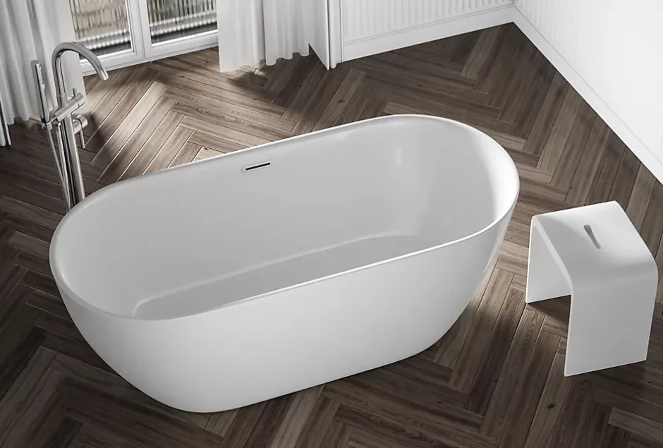 Bernstein Baignoire îlot Acrylique Ovale Moderne Salle de Bain avec Bonde- Blanc, 160x75x59cm, Garantie 5 ans, Bords épais, JAZZ PLUS 2.0* Baignoire Îlot