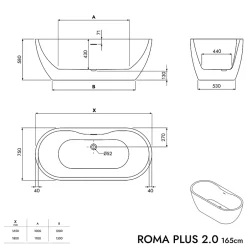 Bernstein Baignoire îlot Acrylique ovale 180x75x58cm Blanc mat + Bonde et trop plein - ROMA PLUS 2.0