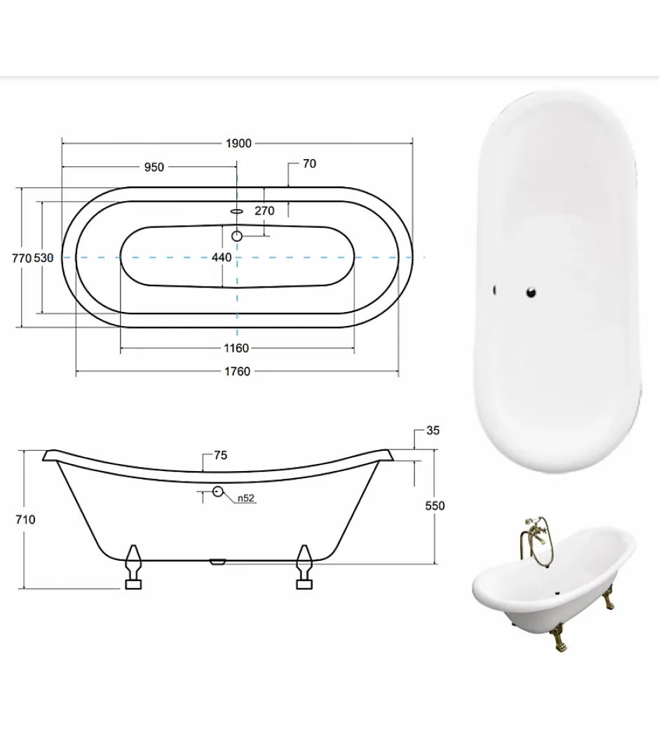 Azura Home Design Baignoire îlot AMELIA GLAM SILVER 190 x 77 cm* Baignoire Îlot