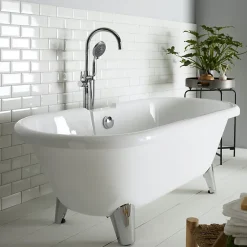 Planète Bain Baignoire îlot Charly blanche rétro + pieds conique chrome* Baignoire Îlot