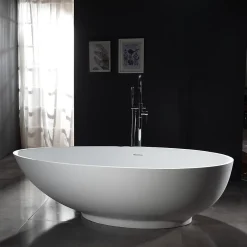 Bernstein Baignoire îlot Design en fonte minérale VIGO - blanc mat - Avec robinet mitigeur 1521, Sans siphon, 150x75cm