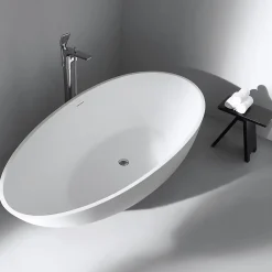 Bernstein Baignoire îlot Design en fonte minérale VIGO - blanc mat - Avec robinet mitigeur 1521, Sans siphon, 150x75cm