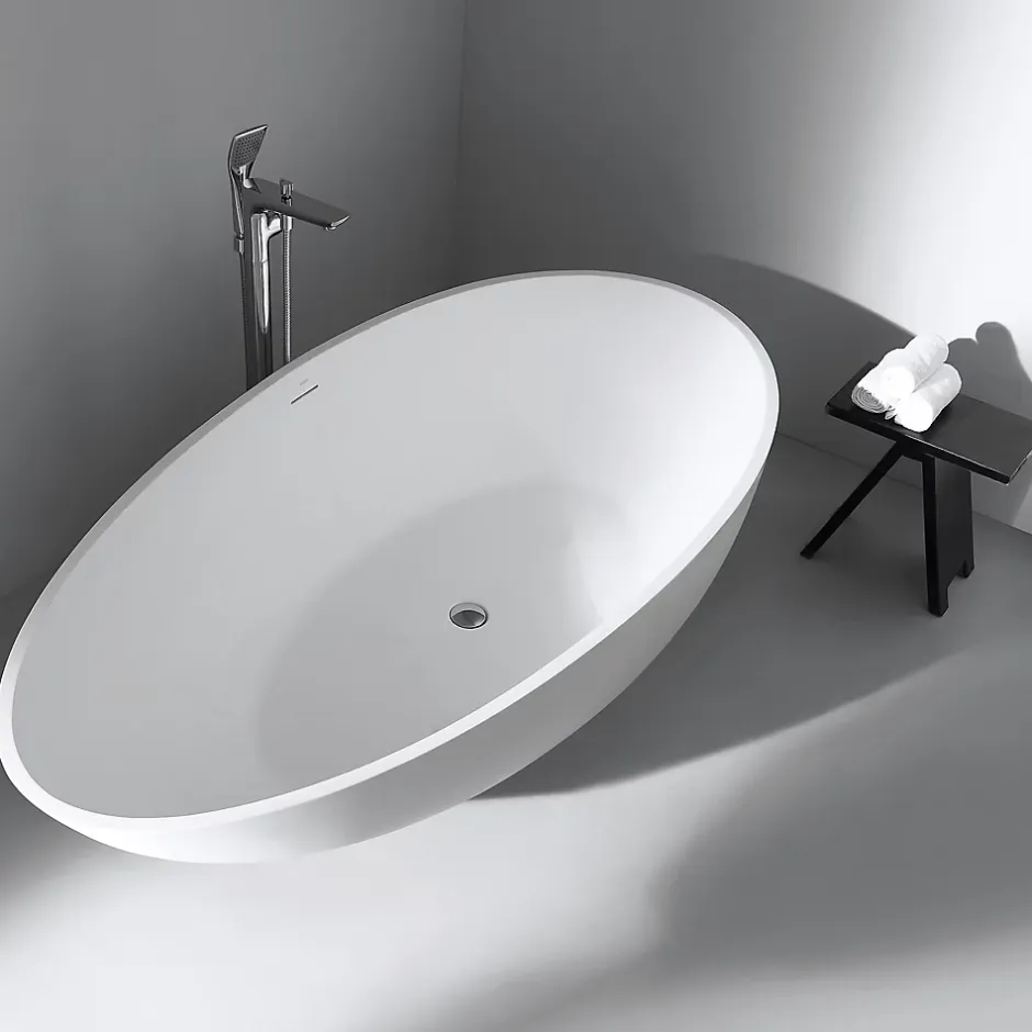 Bernstein Baignoire îlot Design en fonte minérale VIGO - blanc mat - Avec robinet mitigeur 1521, Sans siphon, 150x75cm