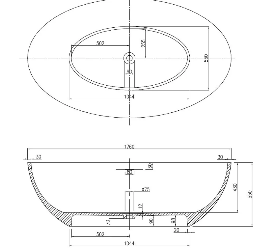 Bernstein Baignoire îlot en fonte minérale RELAX - 176x103cm - Sans robinet ni siphon, Blanc mat* Baignoire Îlot