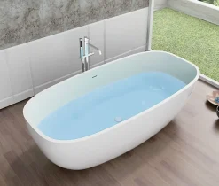 Bernstein Baignoire îlot en fonte minérale, OCEAN STONE - 180x87cm - Avec robinet mitigeur 8028, Avec siphon, Blanc mat* Baignoire Îlot