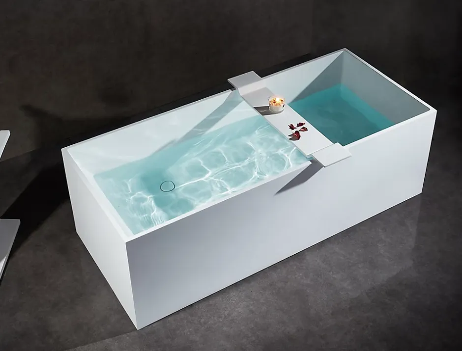 Bernstein Baignoire îlot en fonte minérale 170x72x55cm Blanc mat - LUNA STONE + siphon + robinet sur pied 1523C