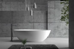 Bernstein Baignoire îlot en fonte minérale (fonte minérale) RIO STONE - 180x85cm - Avec siphon, Blanc mat, Avec robinet mitigeur 8028B