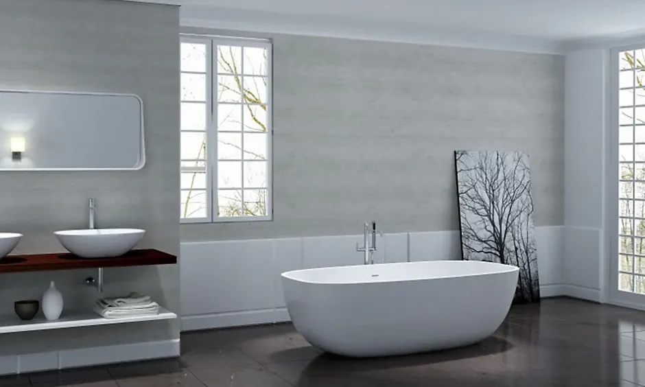 Bernstein Baignoire îlot en fonte minérale, OCEAN STONE - 180x87cm - Avec robinet mitigeur 8028, Sans siphon, Blanc mat