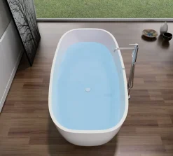 Bernstein Baignoire îlot en fonte minérale, OCEAN STONE - 180x87cm - Avec robinet mitigeur 8028, Sans siphon, Blanc mat