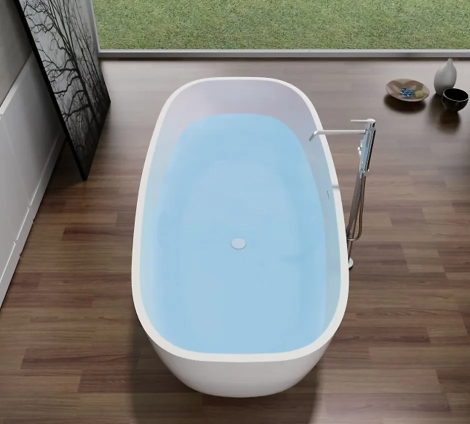 Bernstein Baignoire îlot en fonte minérale, OCEAN STONE - 180x87cm - Avec robinet mitigeur 8028, Sans siphon, Blanc mat