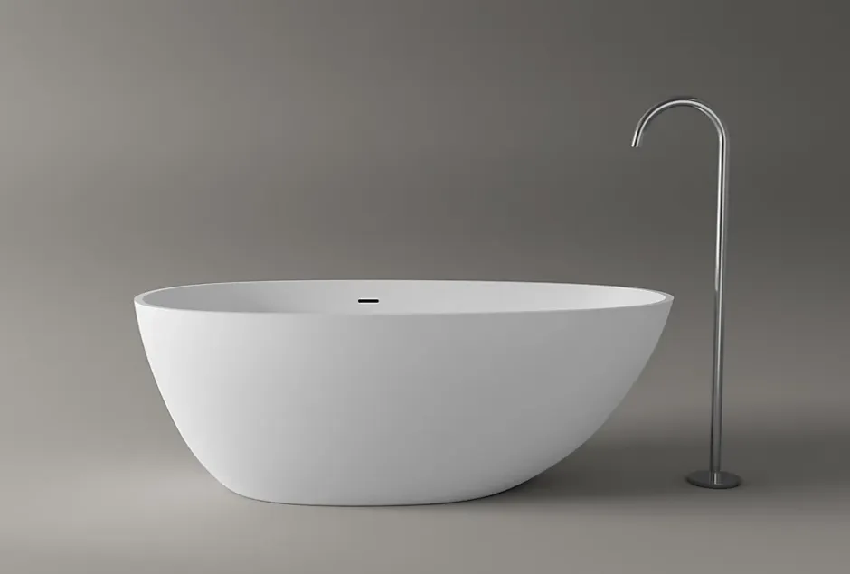 Bernstein Baignoire îlot fonte minérale ovale autoportante Moderne avec bonde - 150x75x54cm - VELA Blanc mat