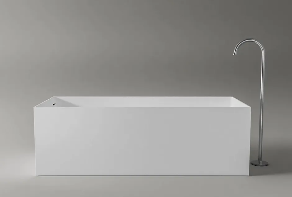Bernstein Baignoire îlot Fonte minérale rectangulaire 170x72x55cm + bonde pop-up et trop plein - Blanc mat - LUNA