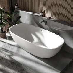 Bernstein Baignoire îlot ovale moderne 180x87x54cm Blanc mat fonte minérale, isolation thermique - OCEAN STONE - Sans Robinet ni siphon* Baignoire Îlot