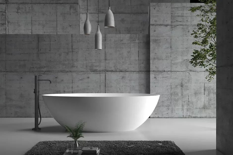 Bernstein Baignoire îlot ovale 180x85x52cm Blanc mat fonte minérale, isolation thermique - RIO STONE + robinet sur pied 8028, Sans siphon