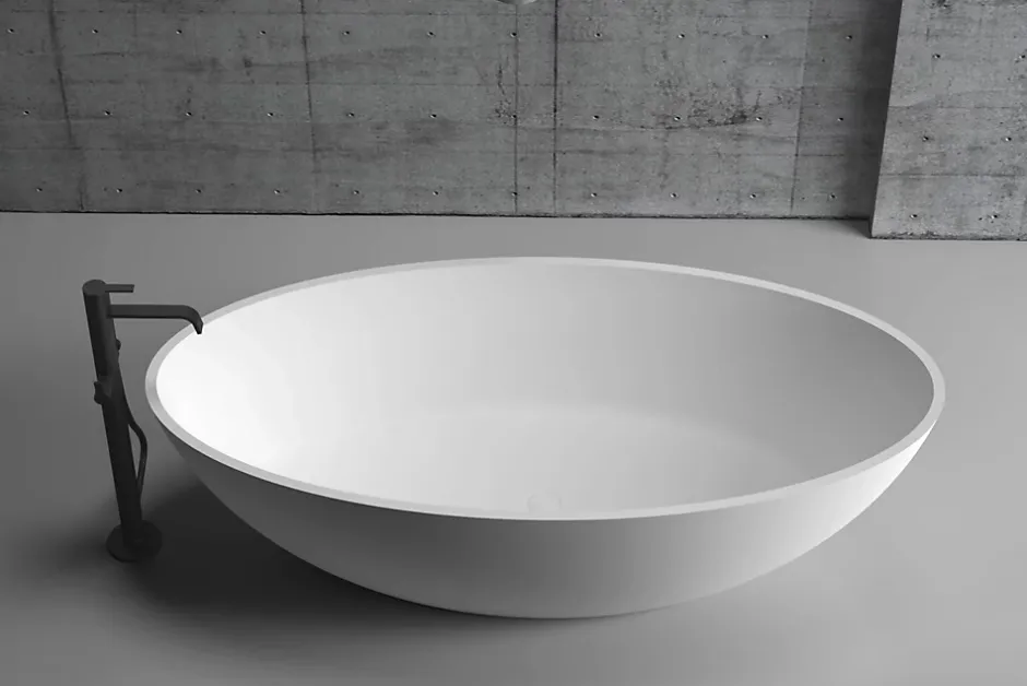 Bernstein Baignoire îlot ovale 180x85x52cm Blanc mat fonte minérale, isolation thermique - RIO STONE + robinet sur pied 8028, Sans siphon