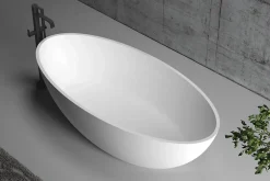 Bernstein Baignoire îlot ovale 180x85x52cm Blanc mat fonte minérale, isolation thermique - RIO STONE + robinet sur pied 8028, Sans siphon