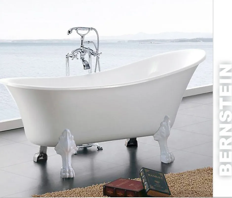 Bernstein Baignoire îlot sabot design sur pieds 176x71x77cm PARIS blanc, Pieds Doré + robinet mitigeur 1414 or