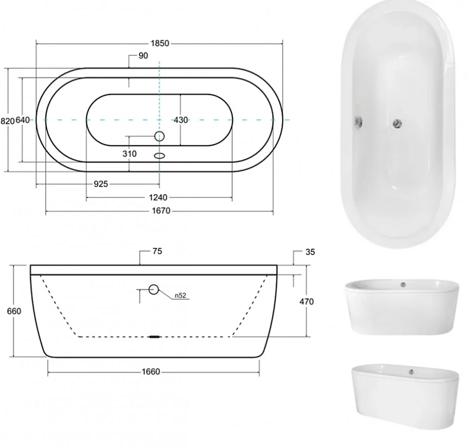 Azura Home Design Baignoire îlot VICTORIA - 185 x 83 cm