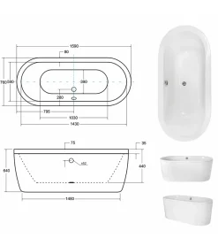 Azura Home Design Baignoire îlot VICTORIA - 160 x 75 cm* Baignoire Îlot