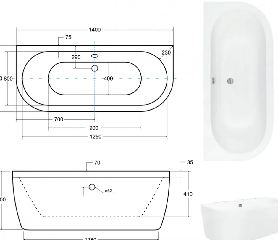 Azura Home Design Baignoire îlot VISTA 140/- 140 x 75 cm