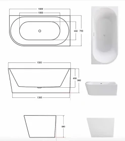 Azura Home Design Baignoire îlot ZOYA GLAM GRAPHITE angle droit - 150 x 75 cm* Baignoire Îlot