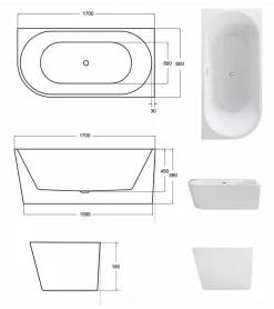 Azura Home Design Baignoire îlot ZOYA GLAM SILVER angle droit - 170 x 80 cm