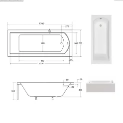 Besco Baignoire rectangulaire - 170 x 70 cm - avec Tablier - Pieds - Vidage Chrome - SHEA