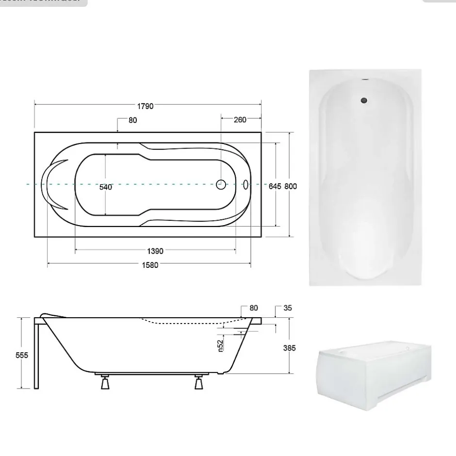 Besco Baignoire rectangulaire - 180 x 80 cm - sans Habillage - avec Pieds - Vidage Chrome - BONA