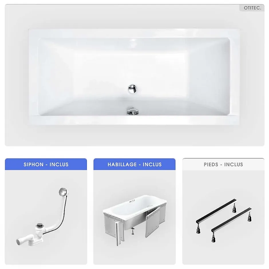 Besco Baignoire rectangulaire - 165 x 75 cm - avec Habillage - Pieds - Vidage Chrome - QUADRO
