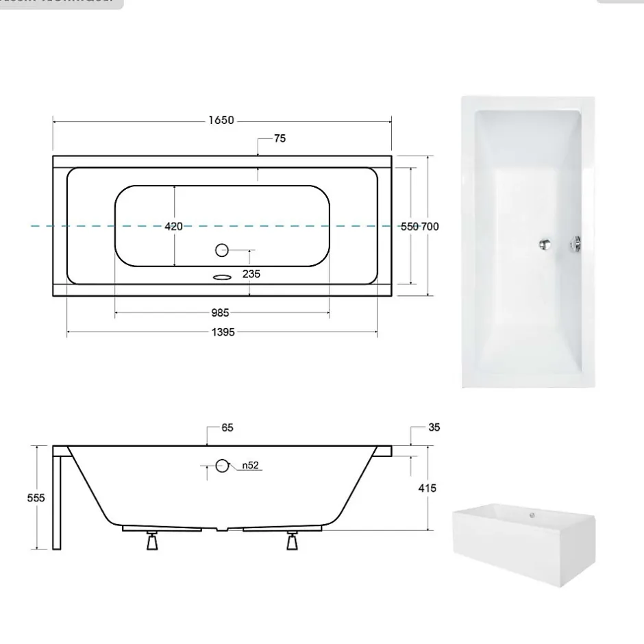 Besco Baignoire rectangulaire - 165 x 75 cm - avec Habillage - Pieds - Vidage Chrome - QUADRO