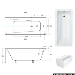Besco Baignoire rectangulaire - avec Tablier Noir Mat et Repose Tête OFFERT - MODERN - 150 x 70 cm