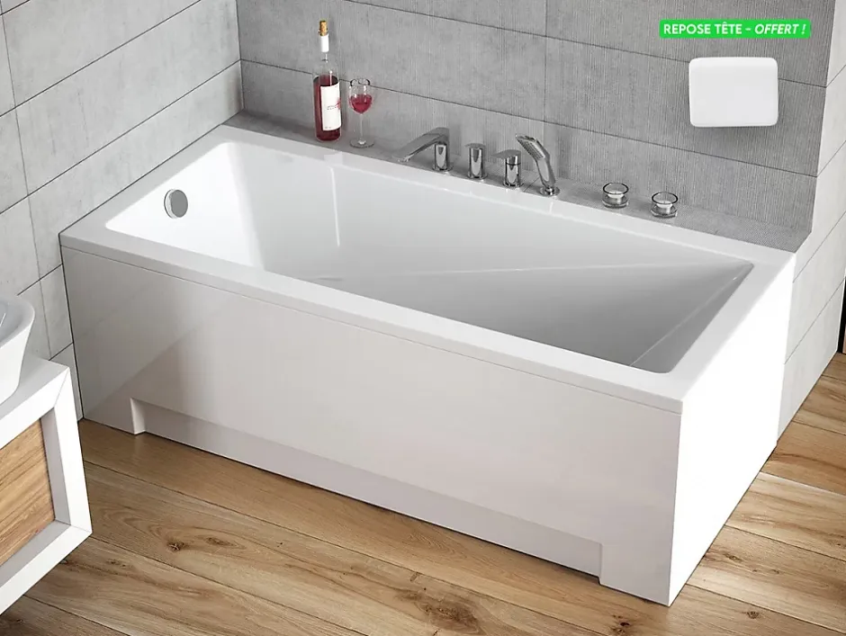 Besco Baignoire rectangulaire - avec Tablier Blanc et Repose Tête OFFERT - MODERN - 120 x 70 cm* Baignoire Droite
