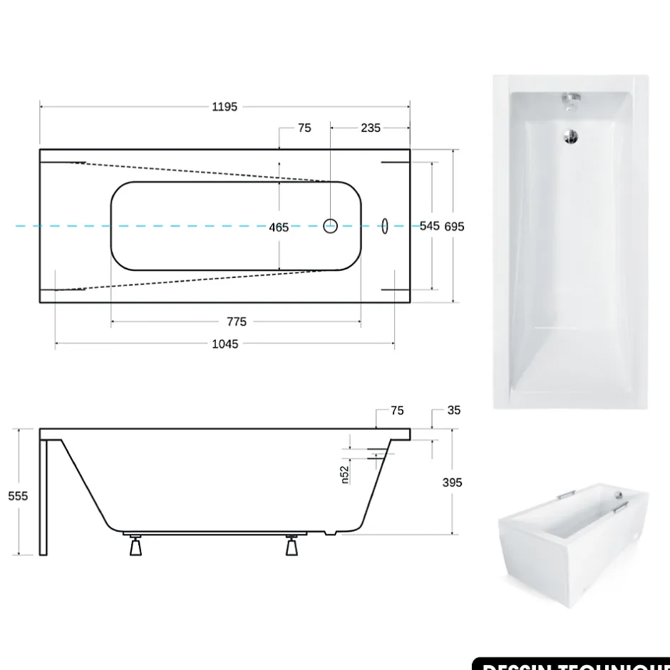 Besco Baignoire rectangulaire - avec Tablier Blanc et Repose Tête OFFERT - MODERN - 120 x 70 cm* Baignoire Droite