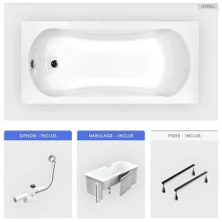 Besco Baignoire rectangulaire - 130 x 70 cm - avec Habillage - Pieds - Vidage Chrome - ARIA* Baignoire Droite