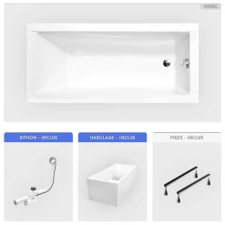 Besco Baignoire rectangulaire - 170 x 70 cm - avec Habillage Polystyrène - Pieds - Vidage Chrome - MODERN SLIM