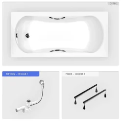 Besco Baignoire rectangulaire - 130 x 70 cm - sans Habillage - avec Pieds - Poignées - Vidage Chrome - ARIA PLUS* Baignoire Droite