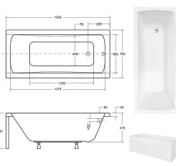 Besco Baignoire rectangulaire + tablier blanc + repose tête - OPTIMA - 160 x 70 cm