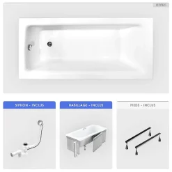 Besco Baignoire rectangulaire - 120 x 70 cm - avec Habillage - Pieds - Vidage Chrome - TALIA* Baignoire Droite