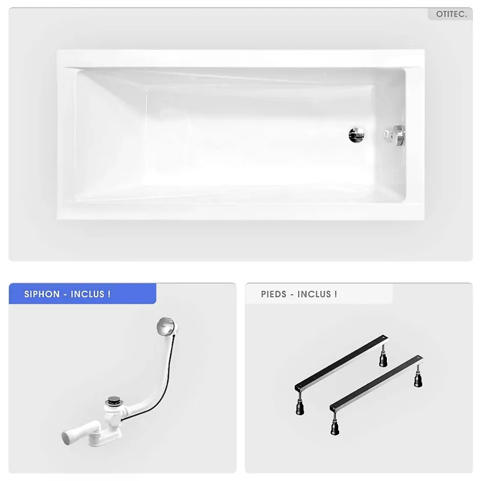 Besco Baignoire rectangulaire - 150 x 70 cm - sans Habillage - avec Pieds - Vidage Chrome - MODERN