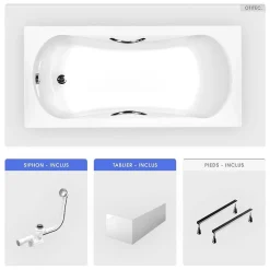 Besco Baignoire rectangulaire - 170 x 70 cm - avec Tablier Blanc - Pieds - Poignées - Vidage Chrome - ARIA PLUS