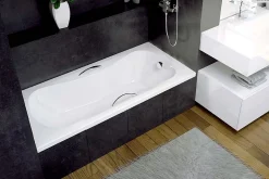Besco Baignoire rectangulaire - 170 x 70 cm - avec Tablier Blanc - Pieds - Poignées - Vidage Chrome - ARIA PLUS