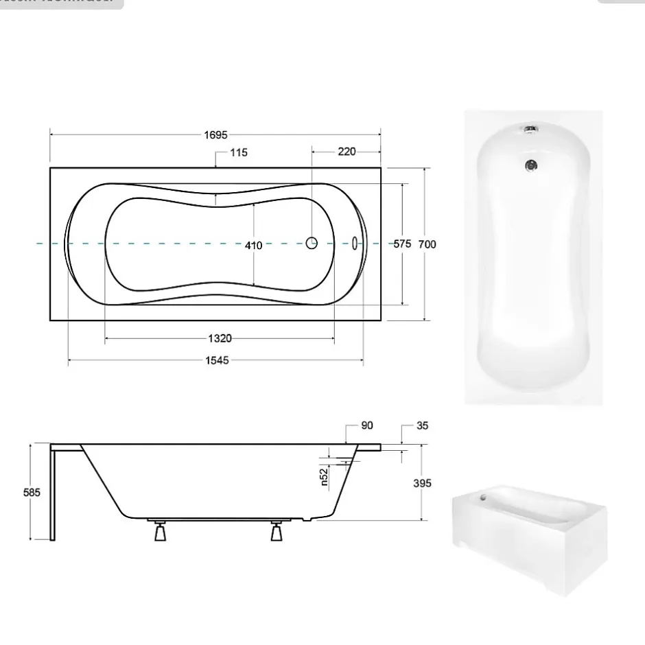 Besco Baignoire rectangulaire - 170 x 70 cm - avec Tablier Blanc - Pieds - Poignées - Vidage Chrome - ARIA PLUS