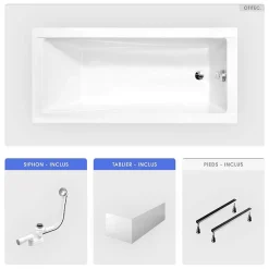 Besco Baignoire rectangulaire - 120 x 70 cm - avec Tablier Blanc - Pieds - Vidage Chrome - MODERN